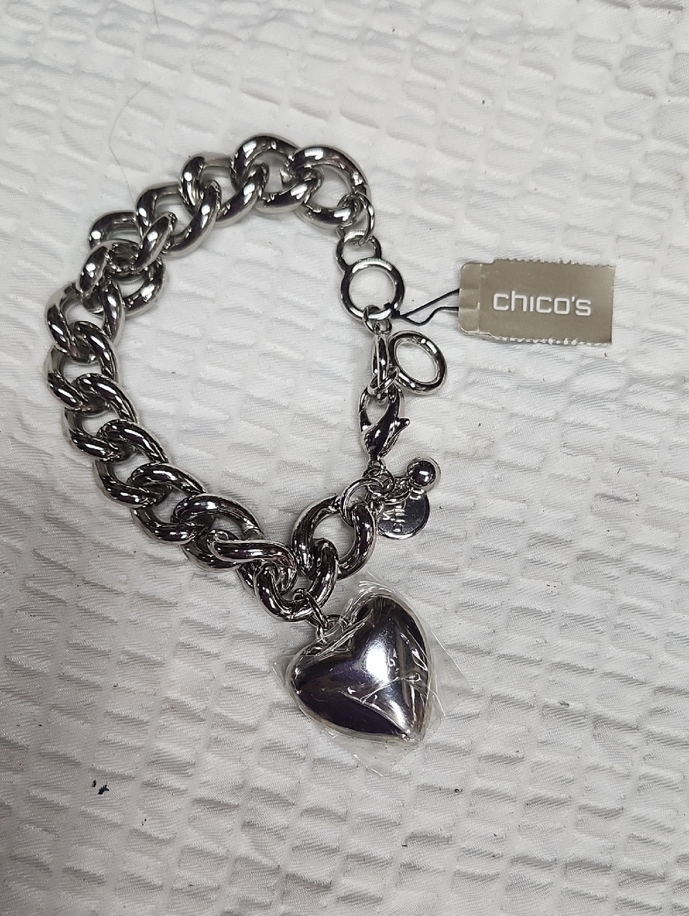Chico's Silver Heart Charm Bracelet - Shiny Silver Link Bracelet